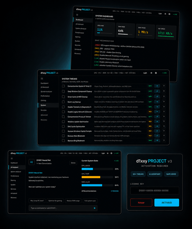 Preview dashboard dan system tweaks d1xxy OPTIMIZE